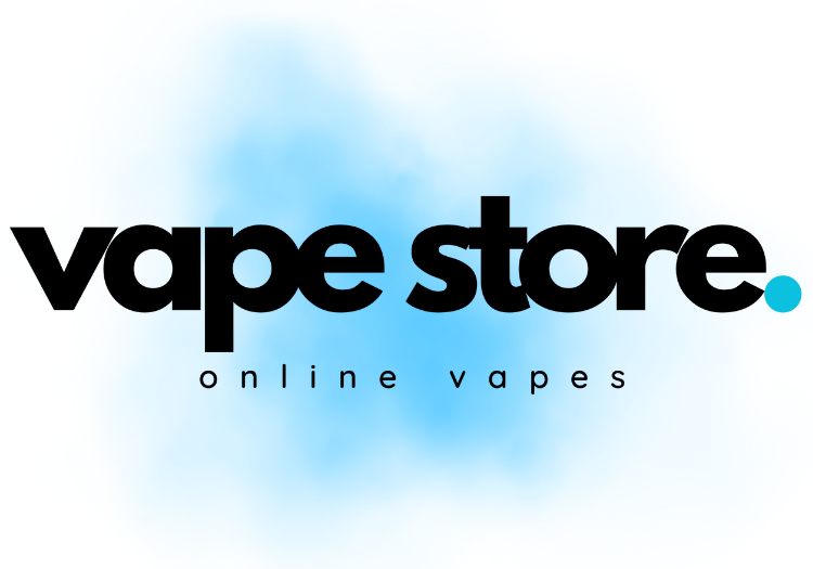 Logo of Vape Store with blue vape smoke behind it
